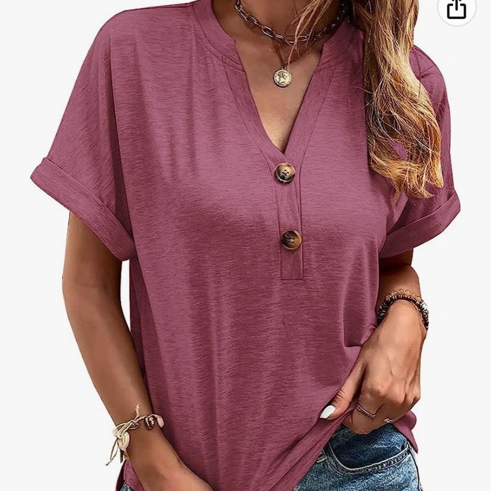 V-Neck Short Sleeve Blouse with Button design.